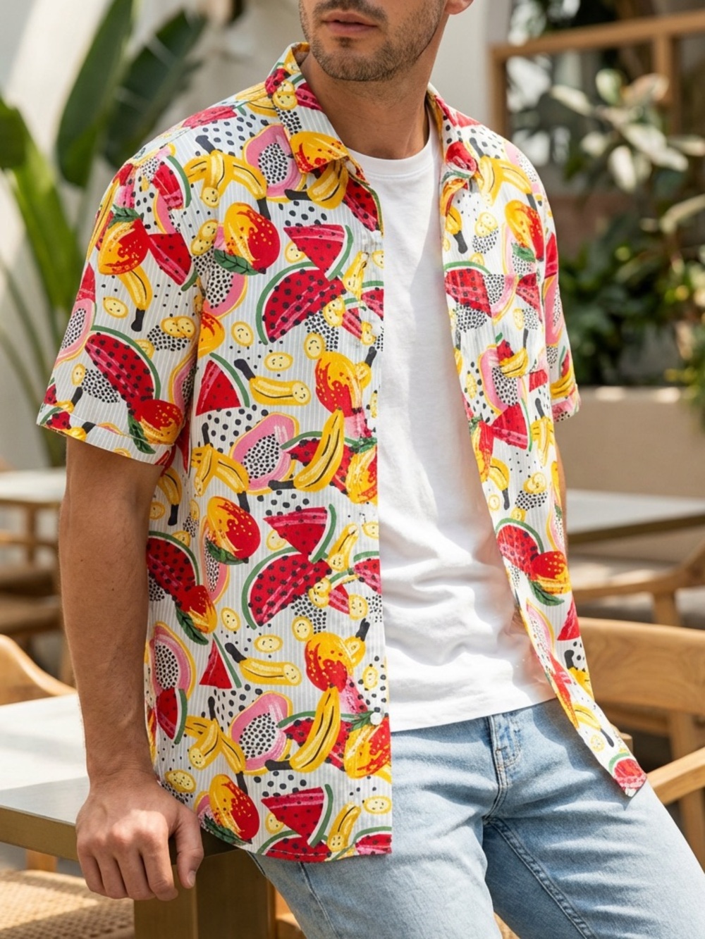 Djab - Vibrant Fruit-Print Short Sleeve Button-Down Shirt - White/Multi